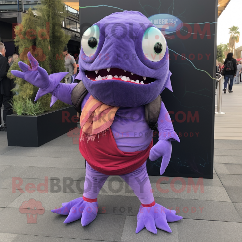 Purple Piranha mascot costume character dressed with a Flare Jeans and Scarves