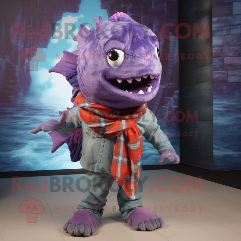 Purple Piranha mascot costume character dressed with a Flare Jeans and Scarves