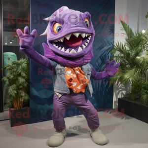 Purple Piranha mascot costume character dressed with a Flare Jeans and Scarves