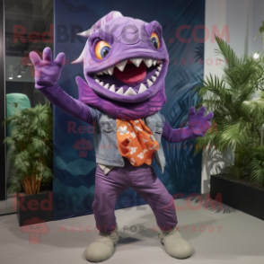 Purple Piranha mascot costume character dressed with a Flare Jeans and Scarves