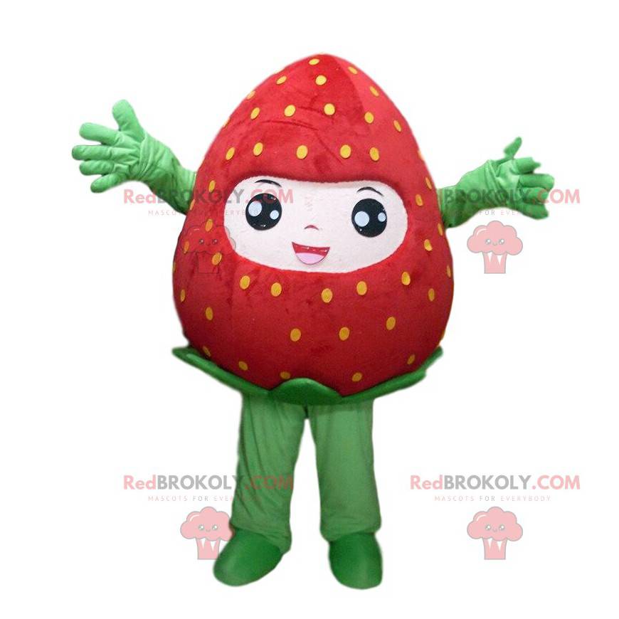 Mascote morango vermelho com pontos amarelos, fantasia de