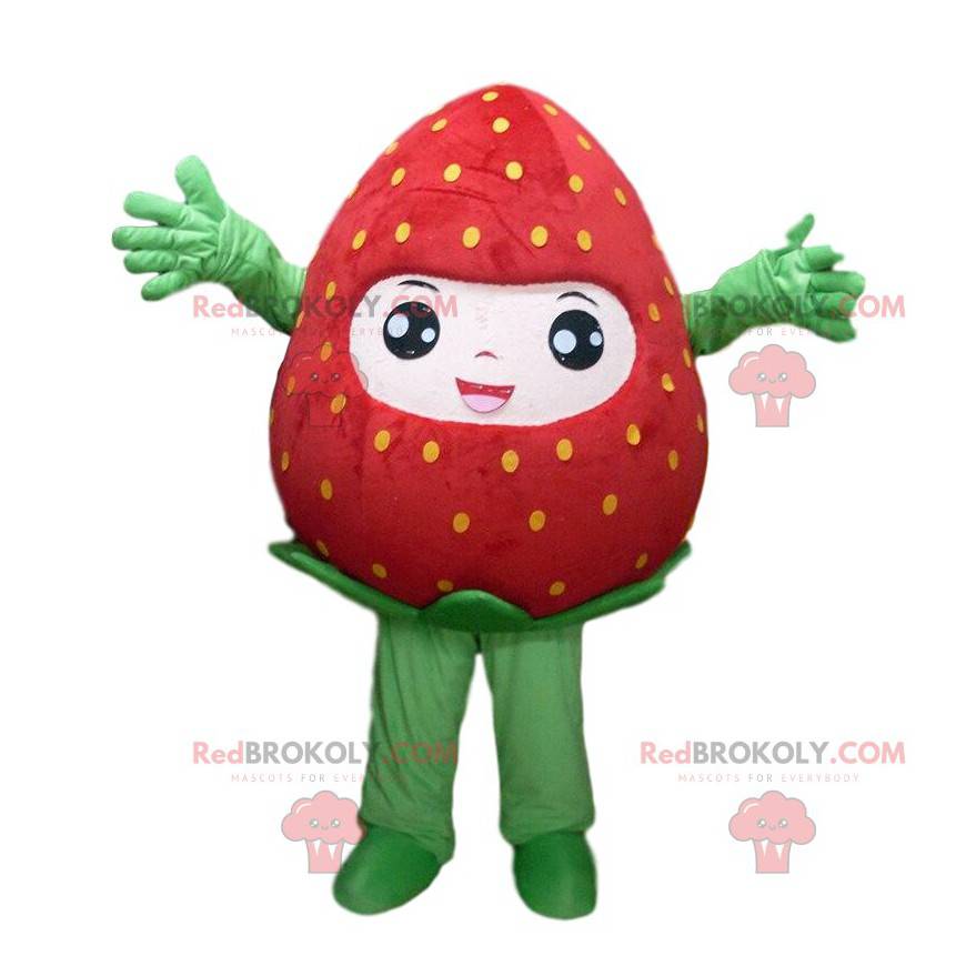 Mascotte de fraise rouge à pois jaunes, costume de fraise -