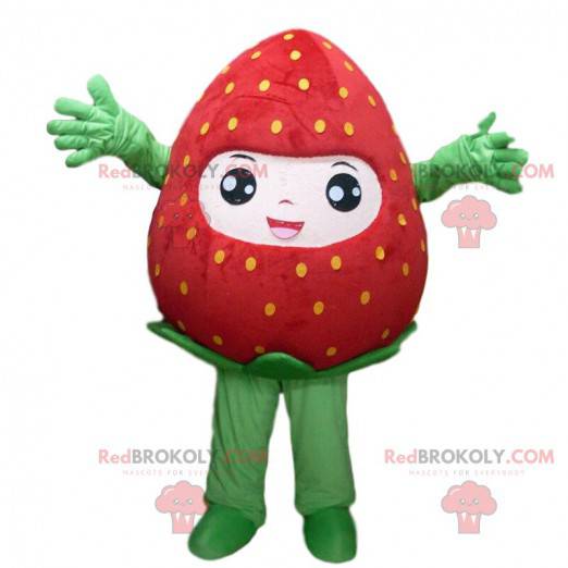 Red strawberry mascot with yellow dots, strawberry costume -