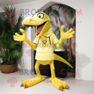 Lemon Yellow Pterodactyl mascot costume character dressed with a Bermuda Shorts and Wallets