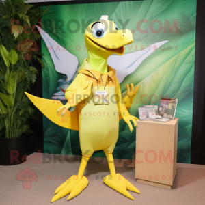 Lemon Yellow Pterodactyl mascot costume character dressed with a Bermuda Shorts and Wallets