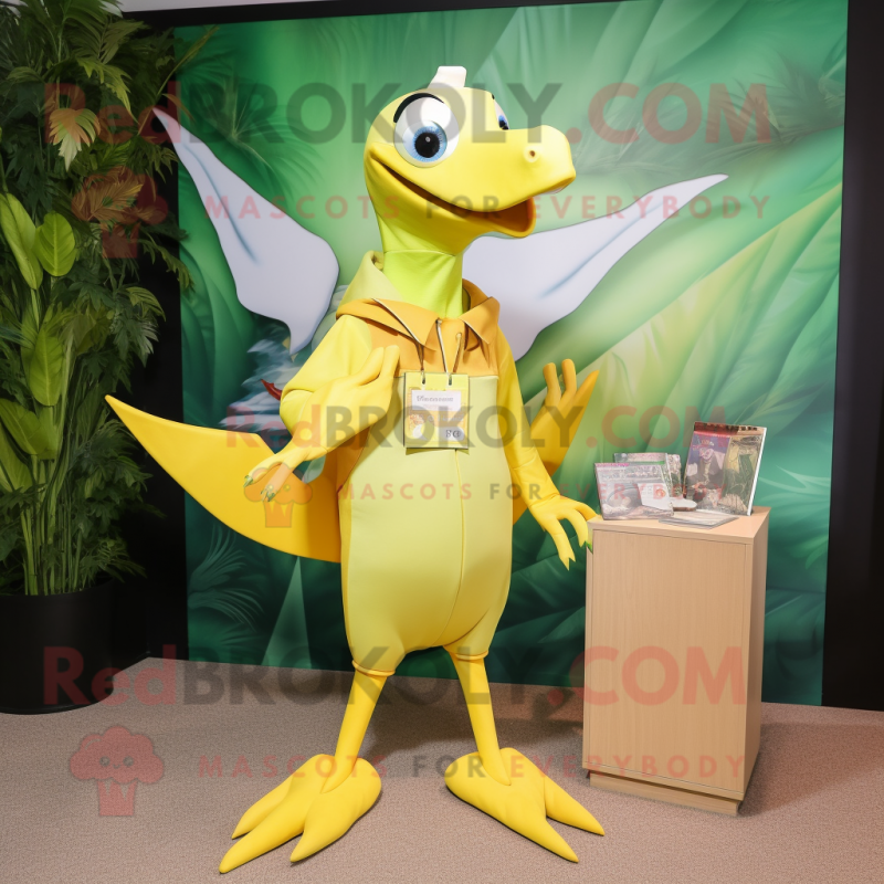 Lemon Yellow Pterodactyl mascot costume character dressed with a Bermuda Shorts and Wallets