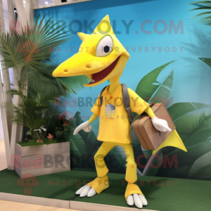 Lemon Yellow Pterodactyl mascot costume character dressed with a Bermuda Shorts and Wallets