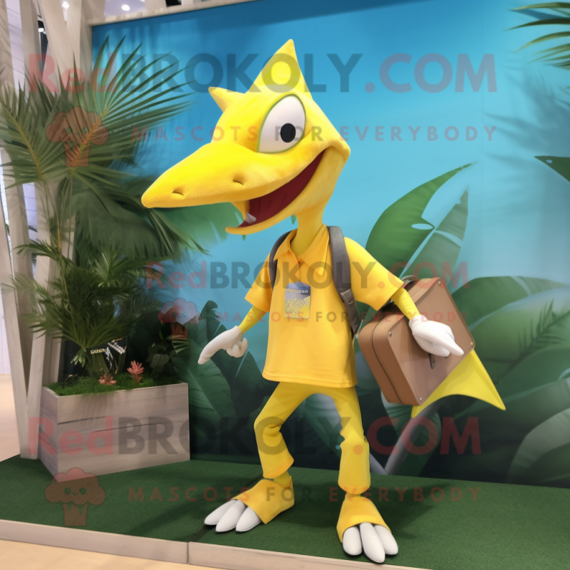 Lemon Yellow Pterodactyl mascot costume character dressed with a Bermuda Shorts and Wallets Lemon Yellow Pterodactyl mascot costume character dressed with a Bermuda Shorts and Wallets