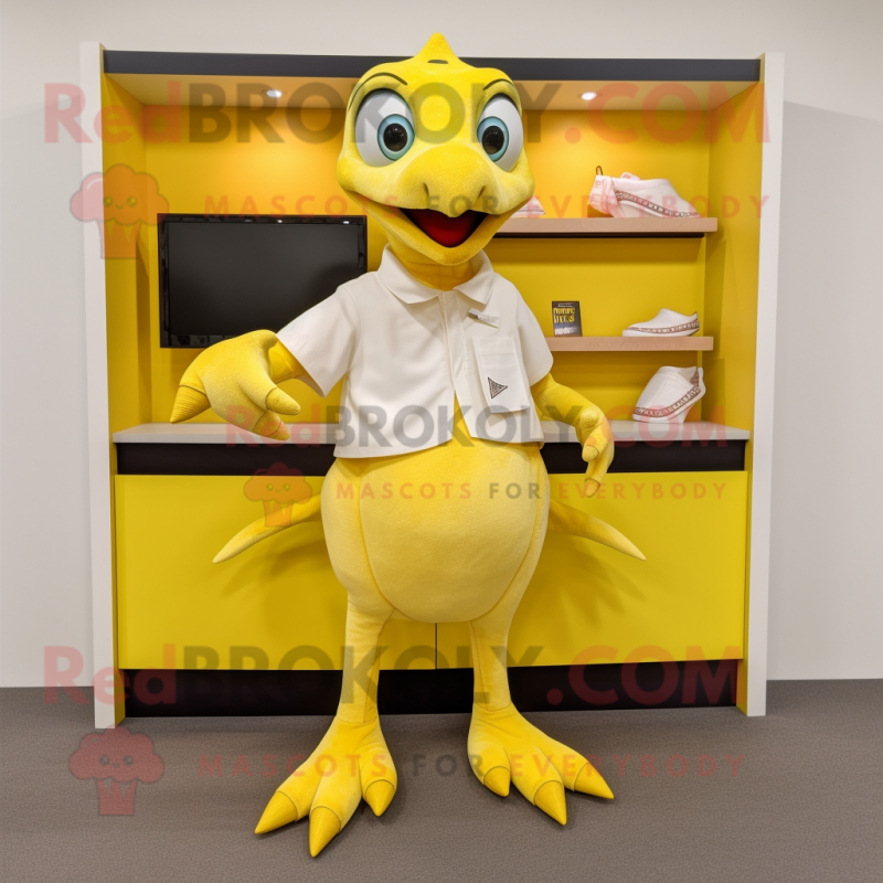 Lemon Yellow Pterodactyl mascot costume character dressed with a Bermuda Shorts and Wallets Lemon Yellow Pterodactyl mascot costume character dressed with a Bermuda Shorts and Wallets