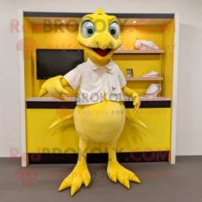 Lemon Yellow Pterodactyl mascot costume character dressed with a Bermuda Shorts and Wallets