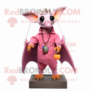 Pink Fruit Bat mascot costume character dressed with a Henley Shirt and Necklaces