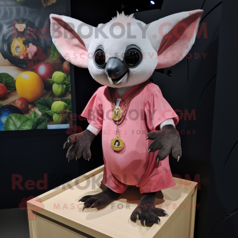 Pink Fruit Bat mascot costume character dressed with a Henley Shirt and Necklaces