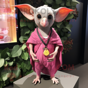 Pink Fruit Bat mascot costume character dressed with a Henley Shirt and Necklaces