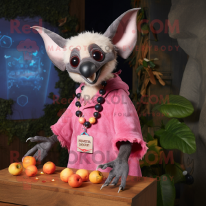 Pink Fruit Bat mascot costume character dressed with a Henley Shirt and Necklaces