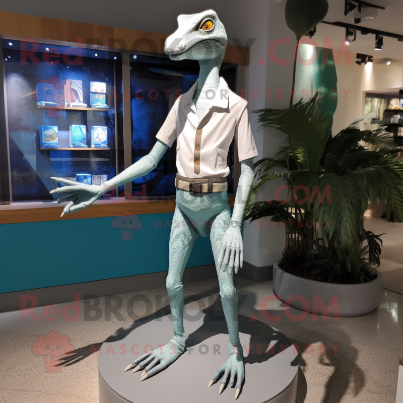 Silver Coelophysis mascot costume character dressed with a Capri Pants and Belts