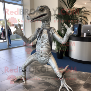Silver Coelophysis mascot costume character dressed with a Capri Pants and Belts