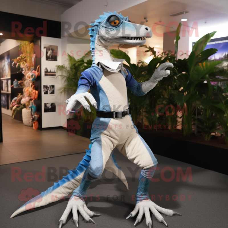 Silver Coelophysis mascot costume character dressed with a Capri Pants and Belts