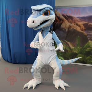 Silver Coelophysis mascot costume character dressed with a Capri Pants and Belts