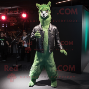 Forest Green Llama mascot costume character dressed with a Leather Jacket and Foot pads