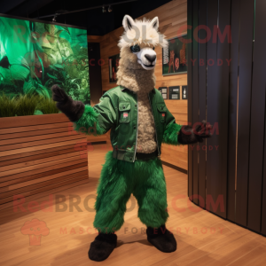 Forest Green Llama mascot costume character dressed with a Leather Jacket and Foot pads