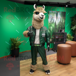 Forest Green Llama mascot costume character dressed with a Leather Jacket and Foot pads