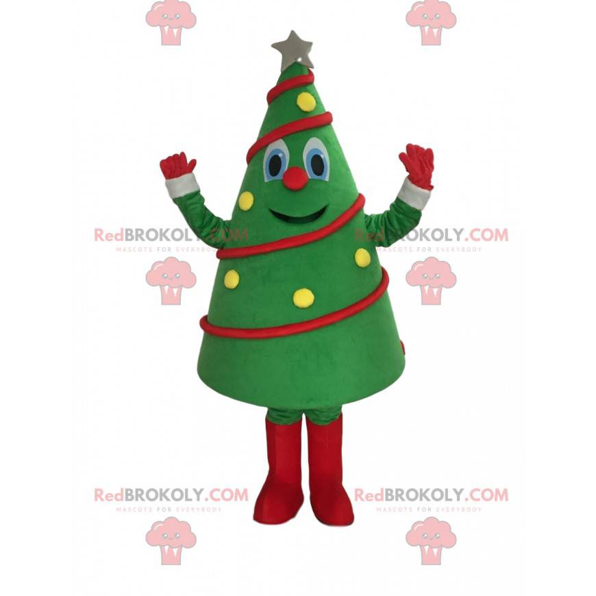 Mascotte de sapin vert décoré et festif, costume d'arbre de