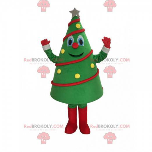 Versierde mascotte en feestelijke groene boom, kerstboomkostuum