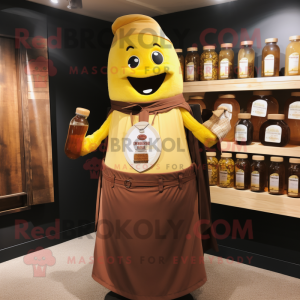 Brown Bottle Of Mustard mascot costume character dressed with a Waistcoat and Belts