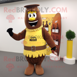 Brown Bottle Of Mustard mascot costume character dressed with a Waistcoat and Belts