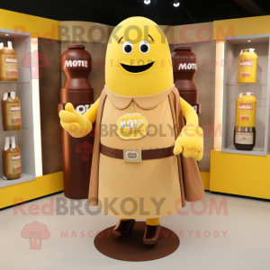 Brown Bottle Of Mustard mascot costume character dressed with a Waistcoat and Belts