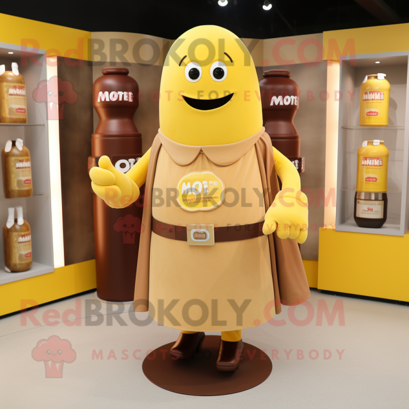 Brown Bottle Of Mustard mascot costume character dressed with a Waistcoat and Belts Brown Bottle Of Mustard mascot costume character dressed with a Waistcoat and Belts