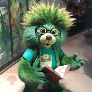 Green Porcupine mascot costume character dressed with a Flare Jeans and Reading glasses