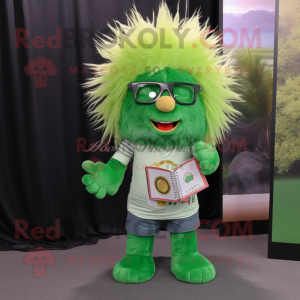 Green Porcupine mascot costume character dressed with a Flare Jeans and Reading glasses