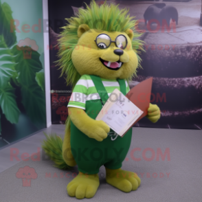 Green Porcupine mascot costume character dressed with a Flare Jeans and Reading glasses