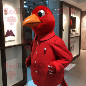 Red Pigeon mascot costume character dressed with a Turtleneck and Tie pins