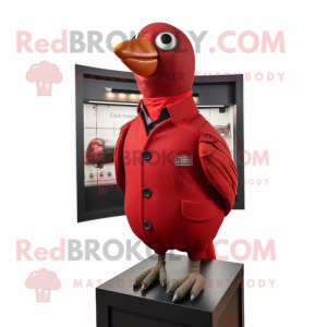 Red Pigeon mascot costume character dressed with a Turtleneck and Tie pins