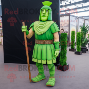 Lime Green Roman Soldier mascot costume character dressed with a Dress Shirt and Anklets