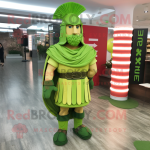 Lime Green Roman Soldier mascot costume character dressed with a Dress Shirt and Anklets