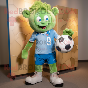 Green Soccer Goal mascot costume character dressed with a Chambray Shirt and Belts