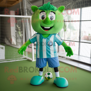 Green Soccer Goal mascot costume character dressed with a Chambray Shirt and Belts