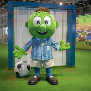 Green Soccer Goal mascot costume character dressed with a Chambray Shirt and Belts