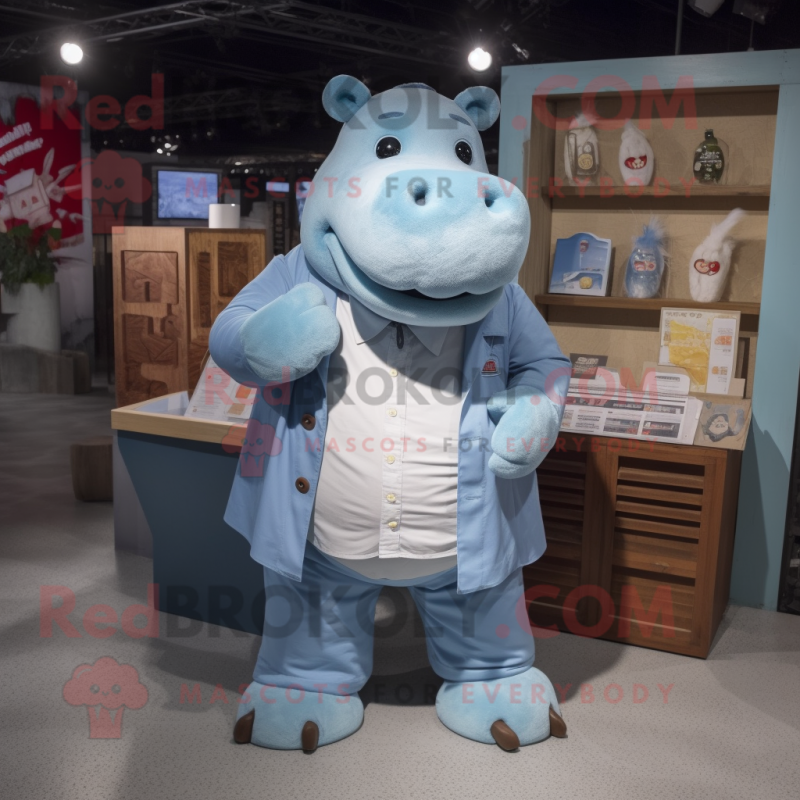 Sky Blue Hippopotamus mascot costume character dressed with a Chambray Shirt and Coin purses