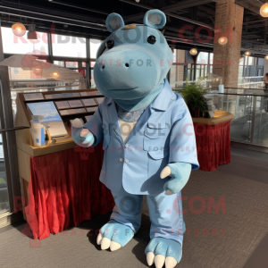 Sky Blue Hippopotamus mascot costume character dressed with a Chambray Shirt and Coin purses