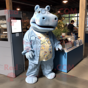 Sky Blue Hippopotamus mascot costume character dressed with a Chambray Shirt and Coin purses