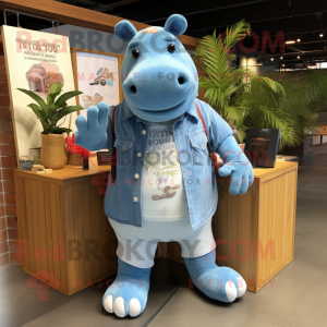 Sky Blue Hippopotamus mascot costume character dressed with a Chambray Shirt and Coin purses