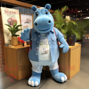 Sky Blue Hippopotamus mascot costume character dressed with a Chambray Shirt and Coin purses