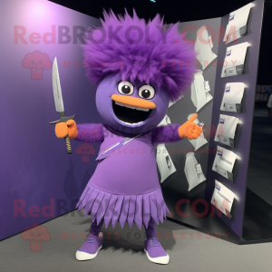 Purple Knife Thrower mascot costume character dressed with a Wrap Dress and Hairpins