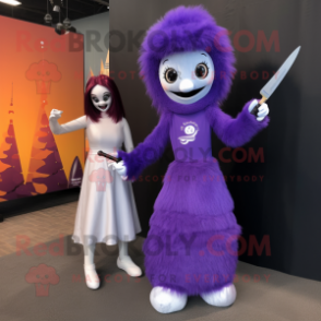Purple Knife Thrower mascot costume character dressed with a Wrap Dress and Hairpins