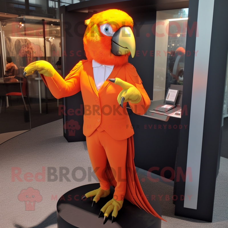 Orange Parrot mascot costume character dressed with a Sheath Dress and Cufflinks