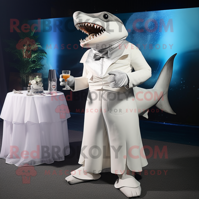 White Megalodon mascot costume character dressed with a Cocktail Dress and Rings